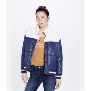 Mother Women's Blue White puffer jacket Faux Fur Lined Nylon Waterproof Size L